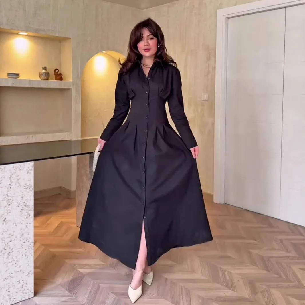 

2026 New Fashion Elegant Long Sleeve Shirt Dress For Women 2026 Muslim Long Dress Robe Abaya Ramadan Dubai Luxury Islam Elegant