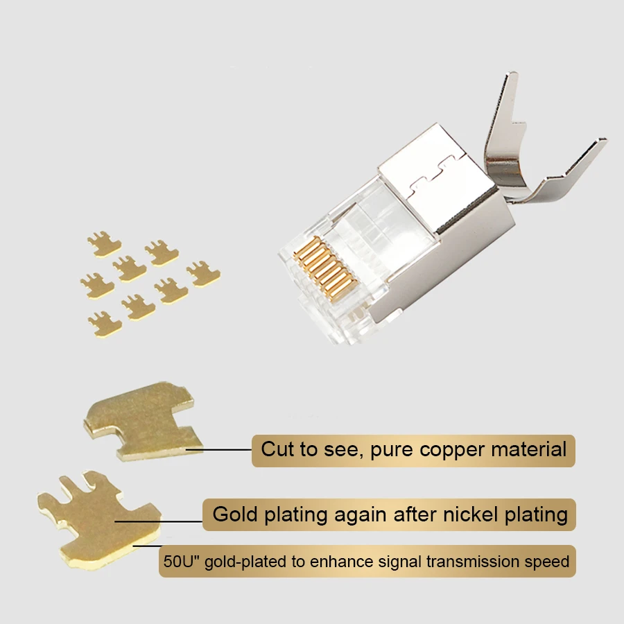 xintylink rj45 connector ethernet cable plug cat7 cat6a male network gold plated 50u 8P8C metal shielded stp jack load bar 1.3mm
