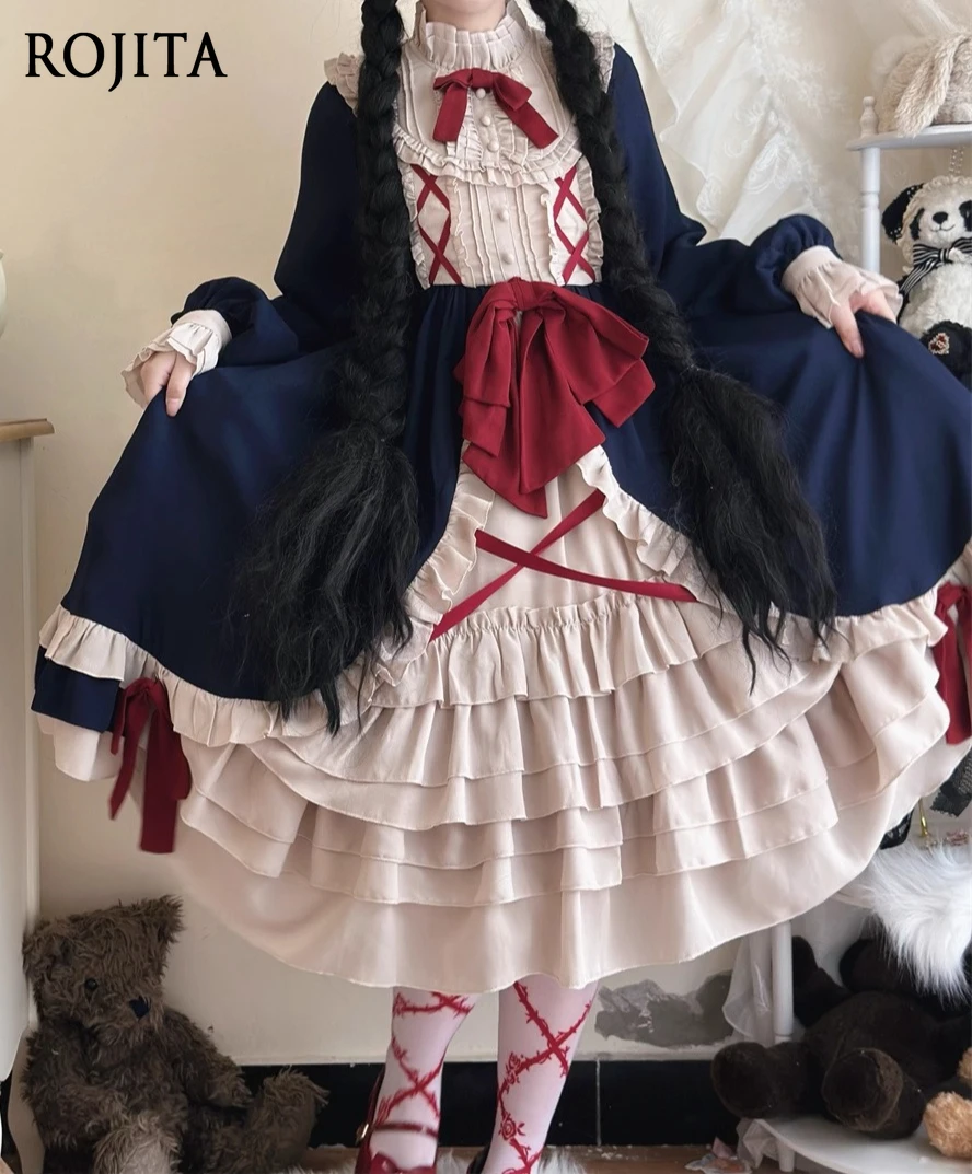 

Autumn Winter New Lolita Dress Long Sleeve Halloween Vintage Lolita Daily Dress OP Navy Gothic Lolita Cosplay Women's Clothing