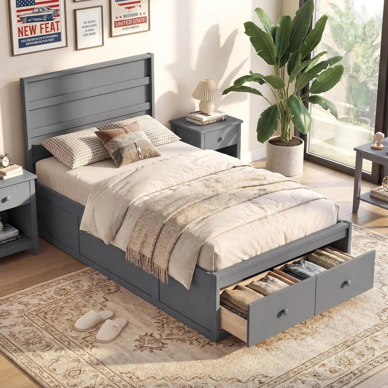 Twin Bed Frames for Kids with Storage Drawers, Wood Platform Bed with Headboard, Solid Mattress Foundation w/Wooden Slat Support & Enclosed Base, No Box Spring Needed (Grey, Twin)