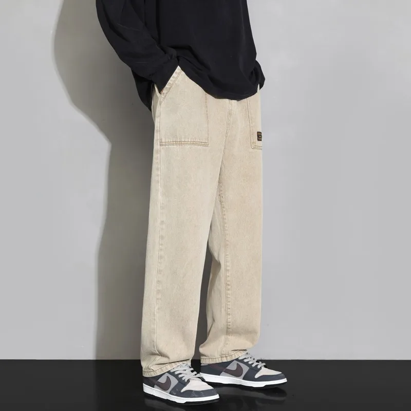 Winter Jeans Men High Street Fashion Solid Color Full Length Straight Leg Pants Korean Style High Waist Loose Streetwear Male