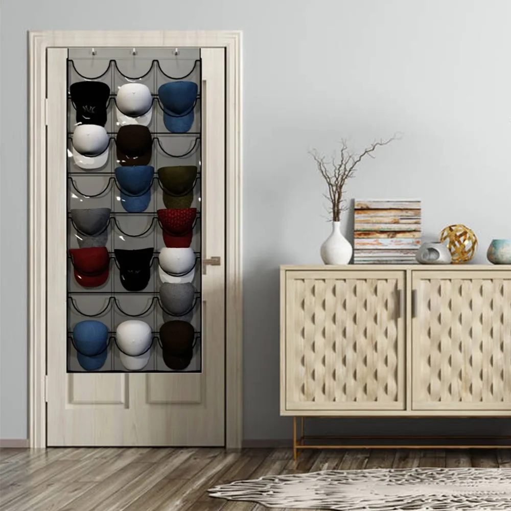 

Closet Storage 24 Pockets Hat Rack Grey Space Saving Hat Storage Holder Multi Functional 3 Hooks Cap Rack Bedroom