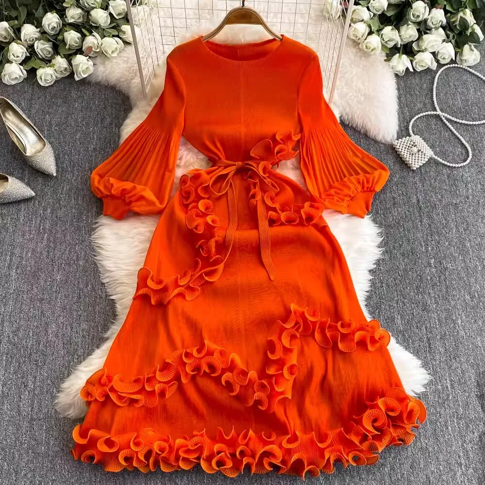 2024 New Fashion Spring Miyake Pleated Midi Dress Elegant Women Round Collar Long Sleeve Spliced Ruffles Long Party Clothing