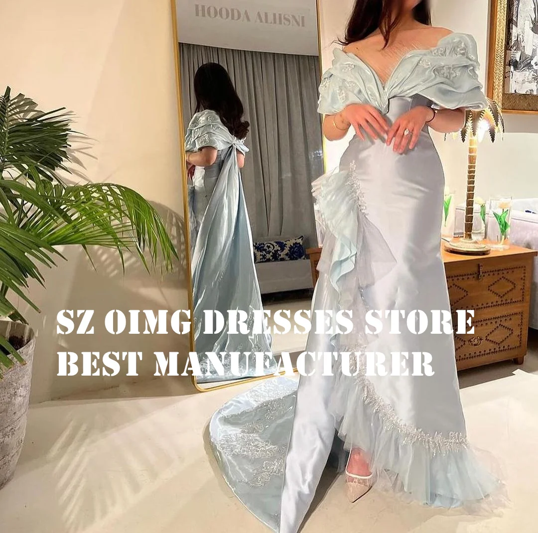 Oimg Abschluss ball Kleid arabische kurze Ärmel schulter freie himmelblaue Rüschen geraffte Scheide Satin Frauen Abendkleider formelle Party kleid