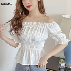 Vintage Summer Chiffon Blouses 2024 Fashion Off Shoulder Ruffles Casual Blusas Mujer Slim Purple Corset Puff Sleeve White Tops