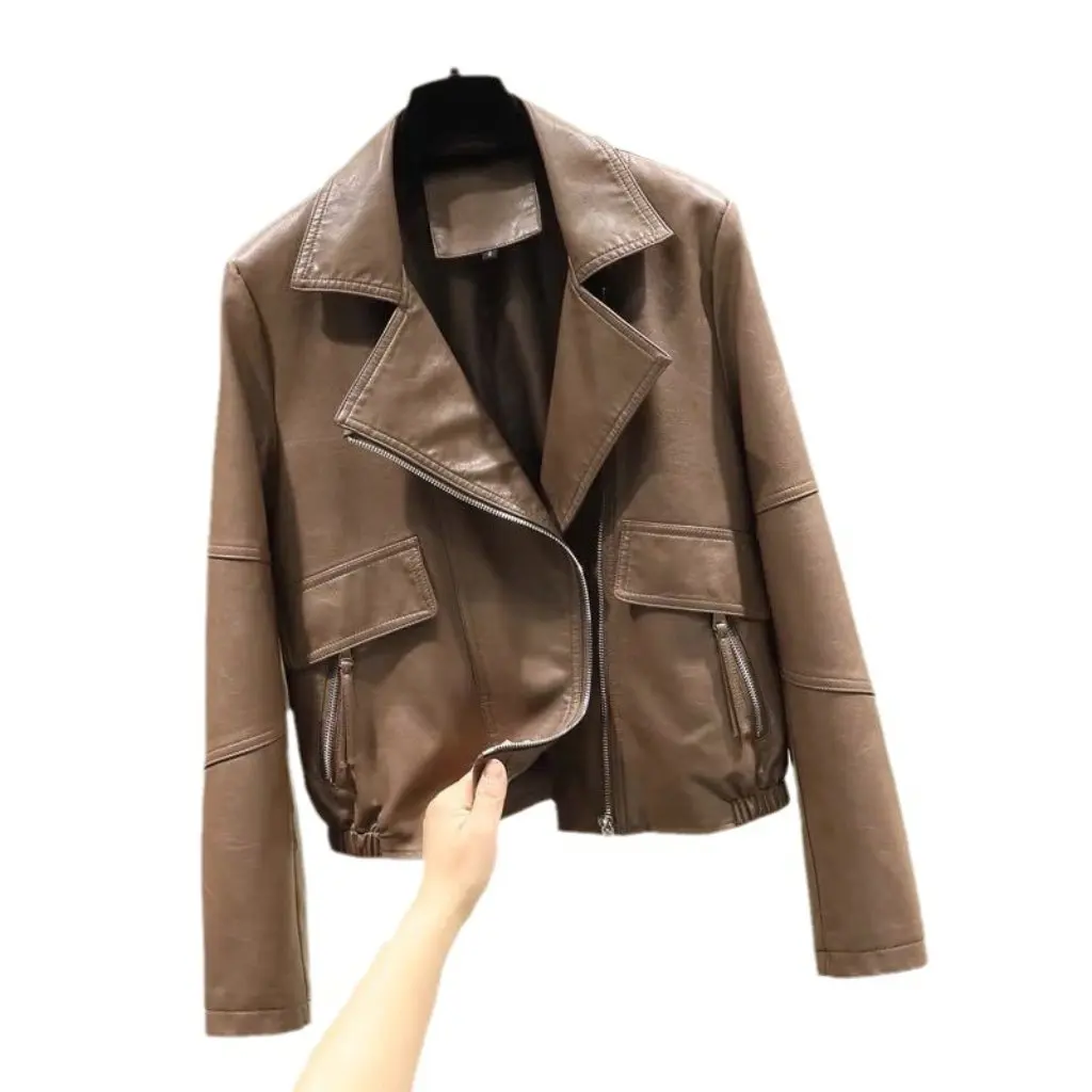 

Короткая свободная кожаная куртка в корейском стиле с отложным воротником из искусственной кожи, модная европейско-американская верхняя одежда для женщин