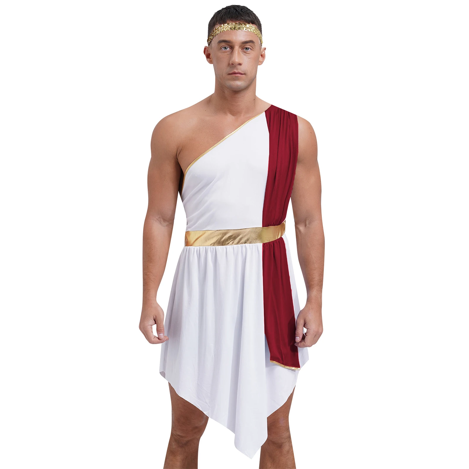 

Mens Roman Greek Role Play Outfit Halloween Gladiators Costume Irregular Hem One Shoulder Tunic Robes Dress with Sequin Headband