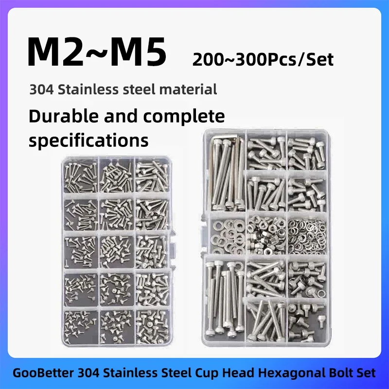 

200~300Pcs Cup Head Hexagonal Bolt Set M2 M2.5 M3 M4 M5 4~50mm 304 Stainless Steel High Tensile Hex Socket Lag Screws