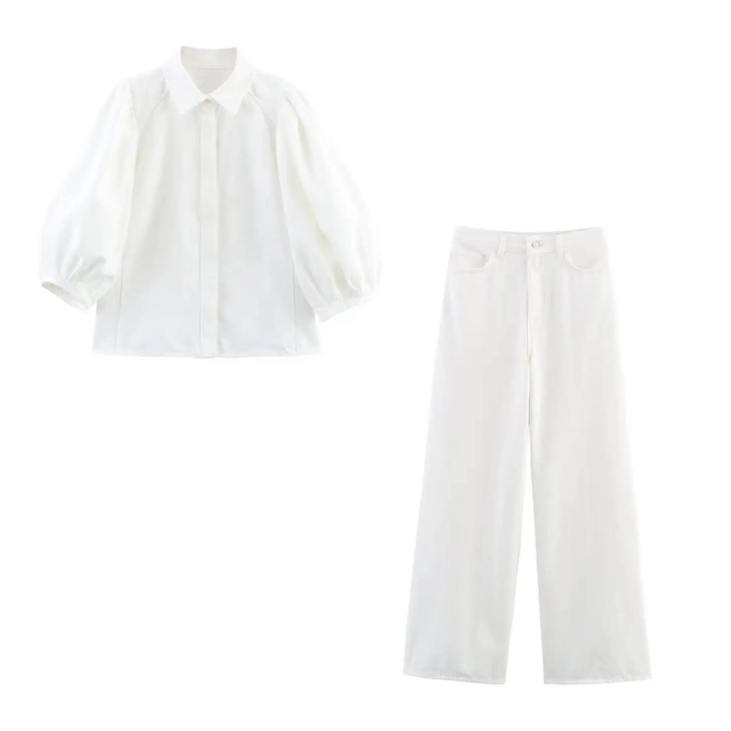 

KONDALA Chic Solid Fashion 2025 Denim Streetwear Woman Suit Button Turn-down Collar Shirt+Zipper Wide Leg Pants Spring Mujer Set