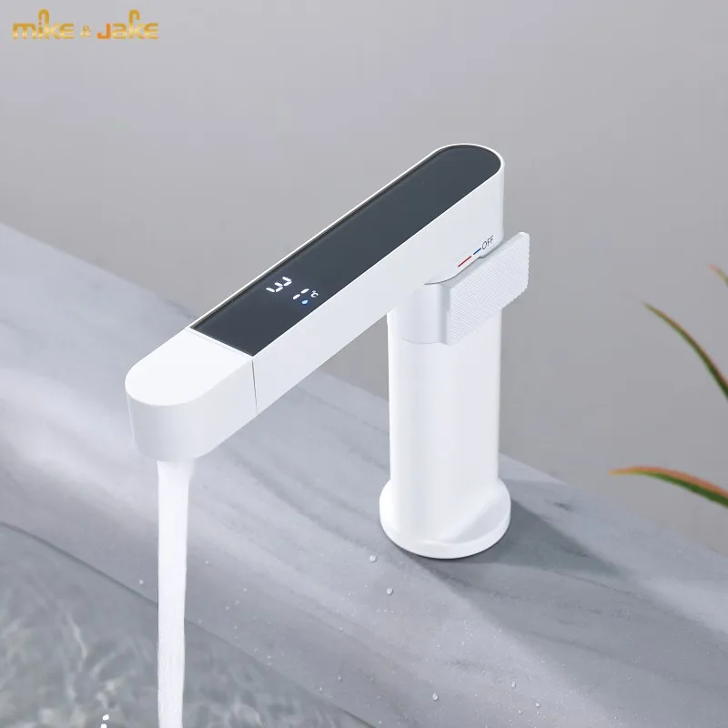 

Bathroom white digital sensor faucet hot and cold pull out basin sink mixer