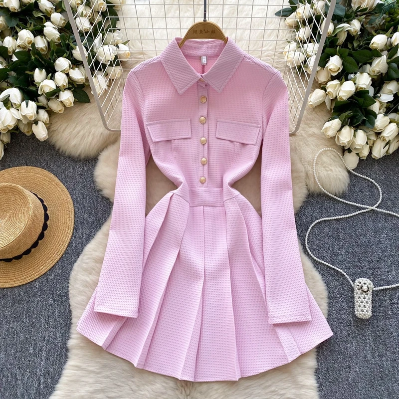 الفرنسية الرجعية نمط طويلة الأكمام طوق أزرار معدنية الخصر Cinching التخسيس مطوي فستان المرأة الربيع الزي #2