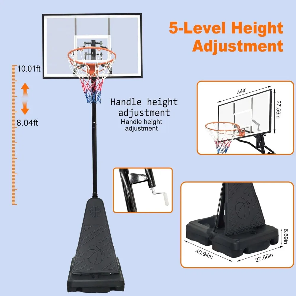 Golha de basquete portátil de altura ajustável, 8,04-10 pés, tabela inquebrável de 44 polegadas, sistema de cesta de basquete ao ar livre resistente