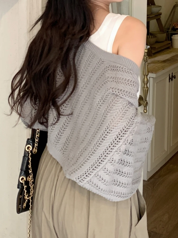 Cropped Cardigan Women Hollow Out Slim Long Sleeve Knitting Spring Solid Simple All-match Daily Knitwear Korean Style Leisure