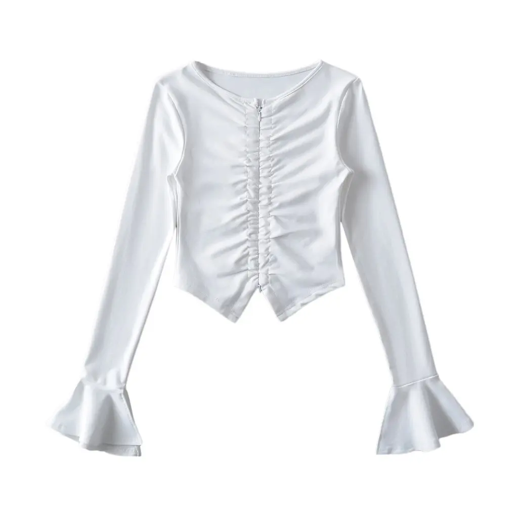 

Women's European And American Style Double-Open Zipper Flared Long-Sleeved T-Shirt Slim Fit Short Top for Early Spring