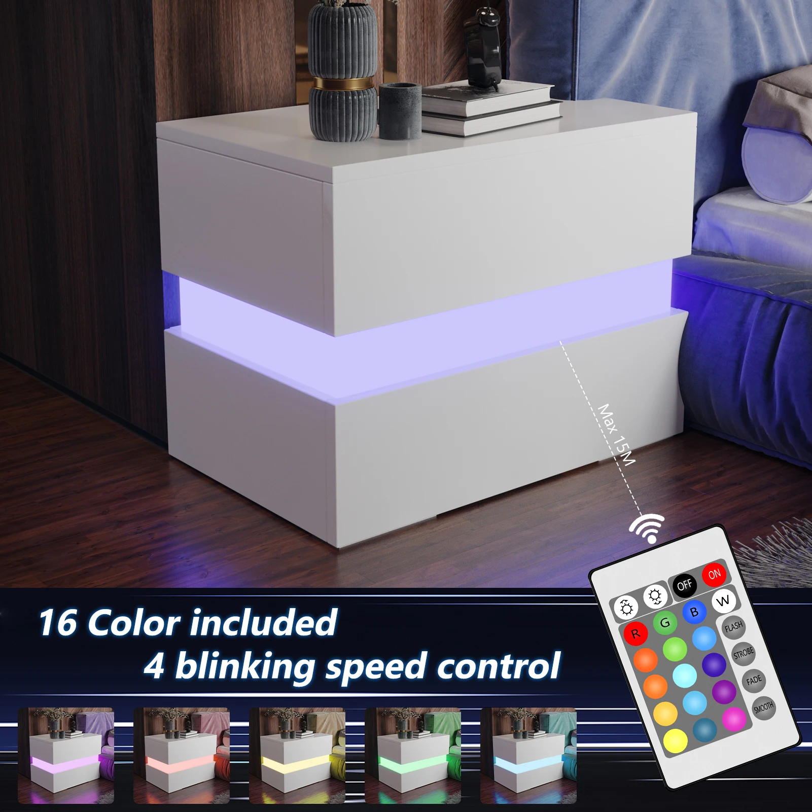 LED Nightstand with 2 Storage Drawers, Modern High Gloss Bedside Table with Led Lights, End Table for Bedroom, Accent Table