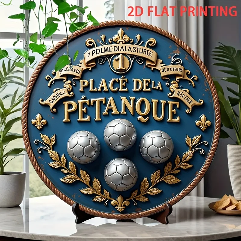 2D Flat, 1pc Vintage French Boules Game Decor - Petanque Tin Sign with Deep Blue & Golden Accents - Heavy-Duty Iron Metal Poster
