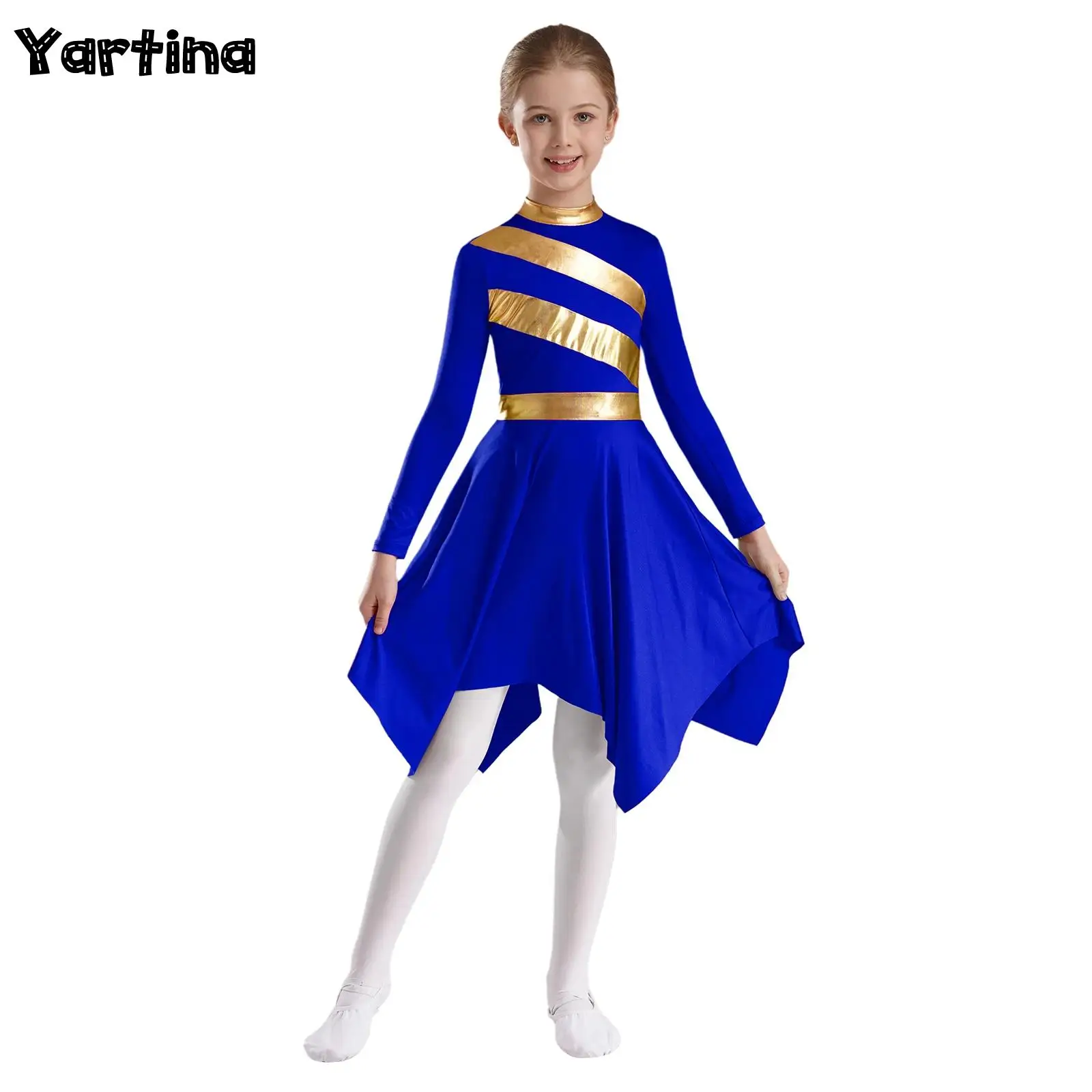 

Kids Girls Ballet Lyrical Dance Tunic Dresses Liturgical Praise Worship Costume Long Sleeve Asymmetrical Hem Church Dancewear