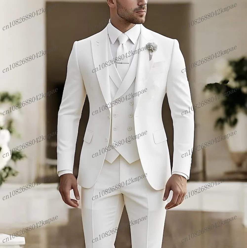 

Новый белый деловой мужской костюм для жениха, жениха, свадебной вечеринки, выпускного вечера, деловые мужские смокинги, комплект из 3 предметов, блейзер, жилет, брюки
