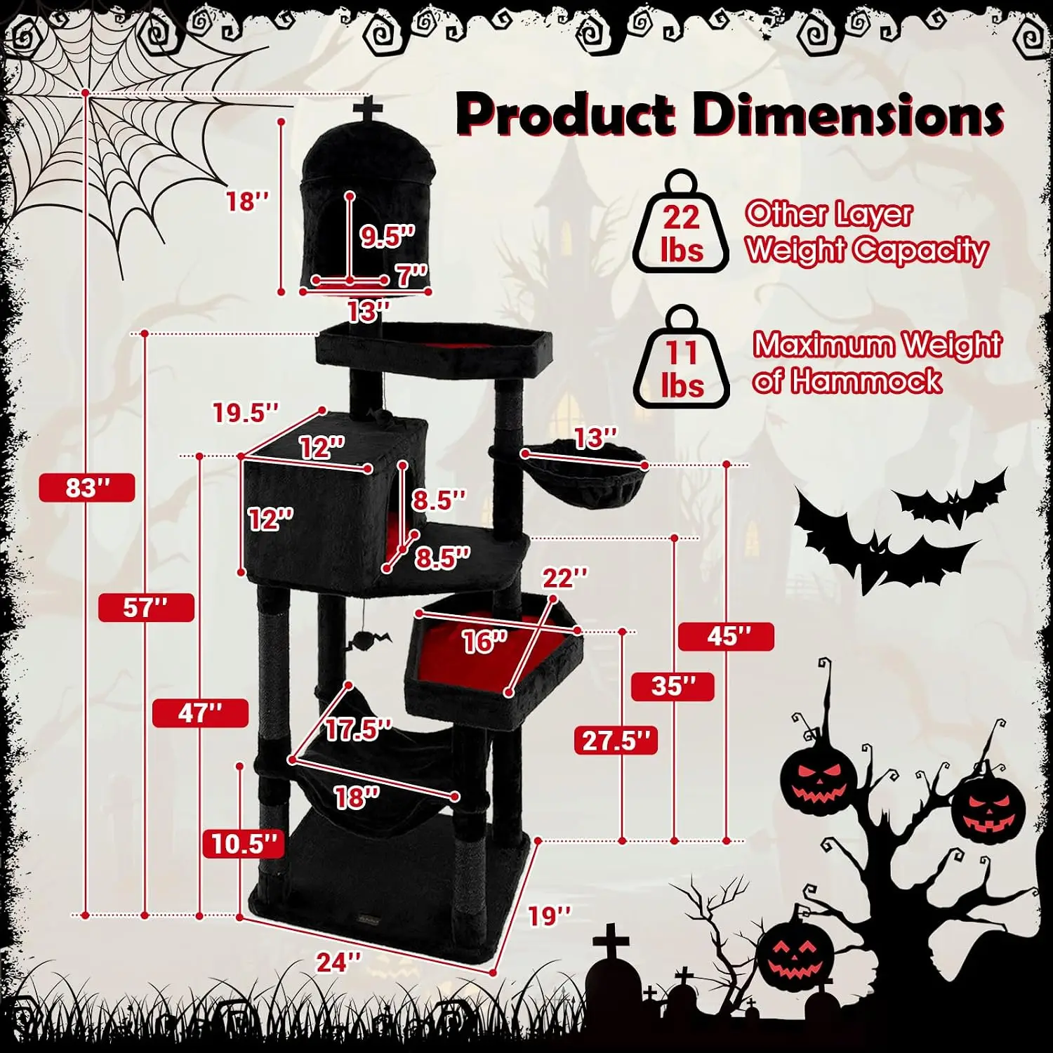 83 Inch Tall Gothic Cat Tree, Multi-Level Halloween Cat Tower with Coffin Beds, Scratching Posts, 2 Cat Condos, Dangling Balls