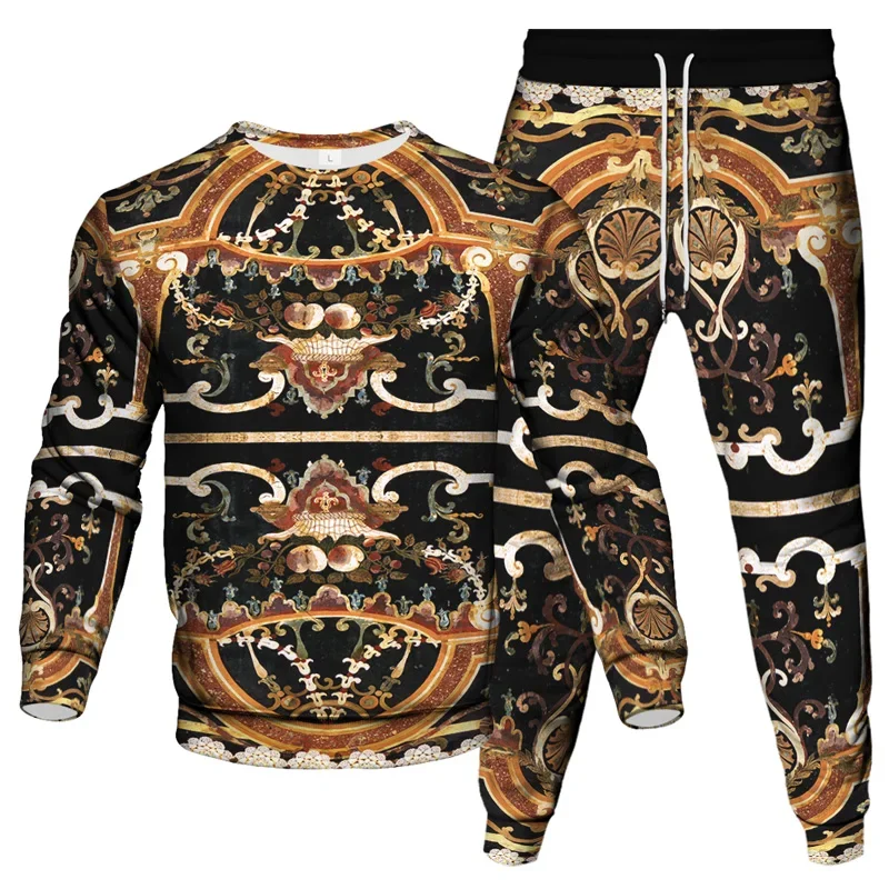 Baroque Style Vintage Luxury Royal Leopard Printing Golden Flower Men Women Tracksuit Sweatshirt Pants 2 Piece Sets Clothes Suit