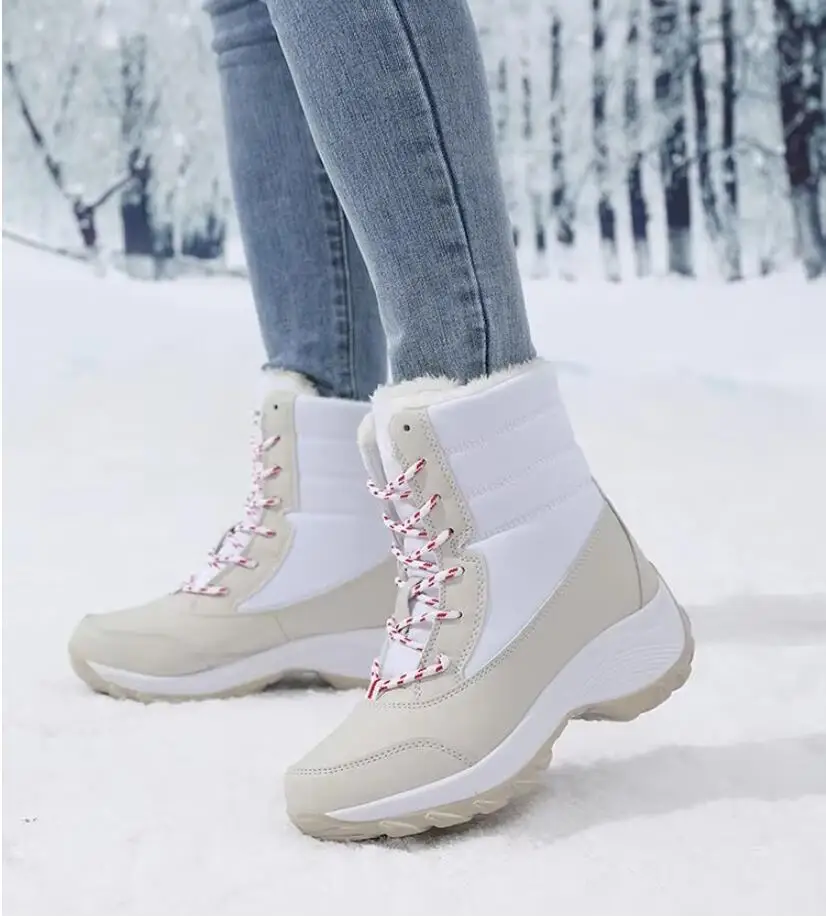 

Новые женские зимние ботинки на платформе, нескользящая женская зимняя обувь, теплые ботильоны на меху для женщин, непромокаемые высокие сапоги до бедра на танкетке