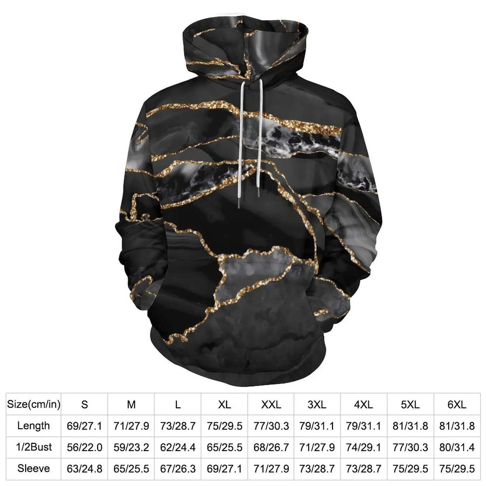 Glitter Marble Casual Hoodies Long Sleeve Black and Gold Elegant Hoodie Autumn Street Style Pattern Oversize Clothes