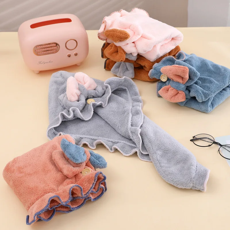 قبعة منشفة شعر بلون سادة من الصوف للمنزل، قبعة تجفيف الشعر بعقدة كرتونية على طراز الأميرة مع حافة من الدانتيل، قبعة حمام عمامة #4