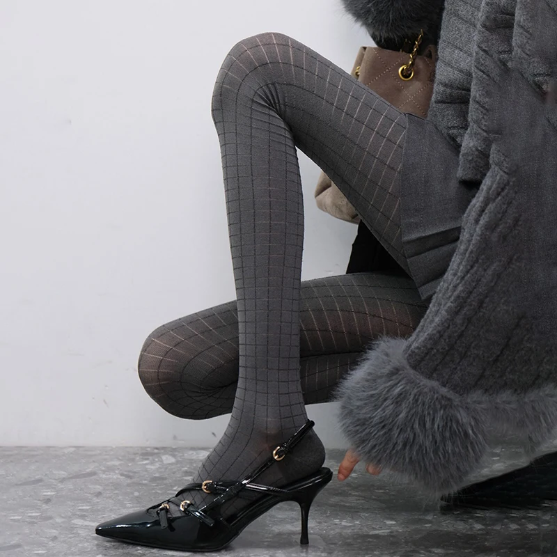 Women Grid Pattern Pantyhose Matte Plaid Tights High Waist Stretchy Slim Leg Hosiery for Skirt High Heels AutumnWinter DailyWear