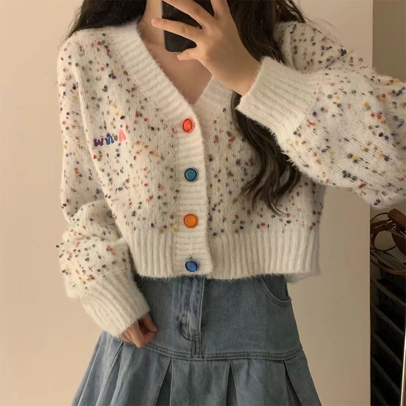 Autumn Warm Knitted Cardigan for Women Sweet Gentle Style Short Sweater Cardigans Woman Colorful Button Contrast V-Neck Cardigan