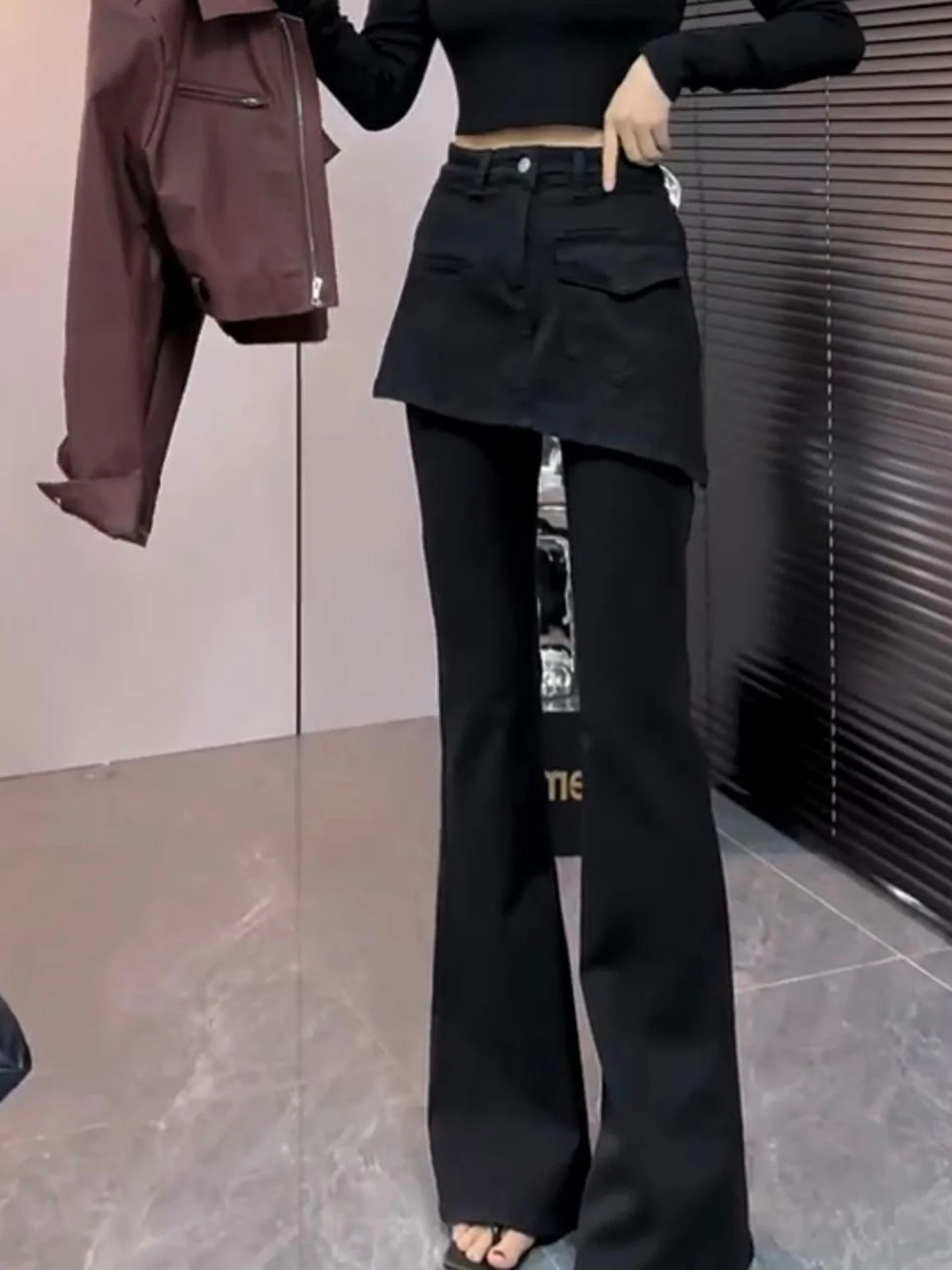 Trendy Fake Two-Piece Floor-Length Pants Women's High Waist Bell Bottoms Straight Leg Jeans Autumn Fashion Slimming Versatile