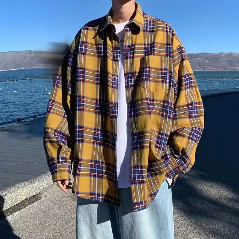 노란색 체크무늬 긴팔 셔츠 빈티지 아메리칸 레트로 하이 스트리트 유니섹스 봄 가을 커플 매치 스탠다드 핏 다림질 필요 없음