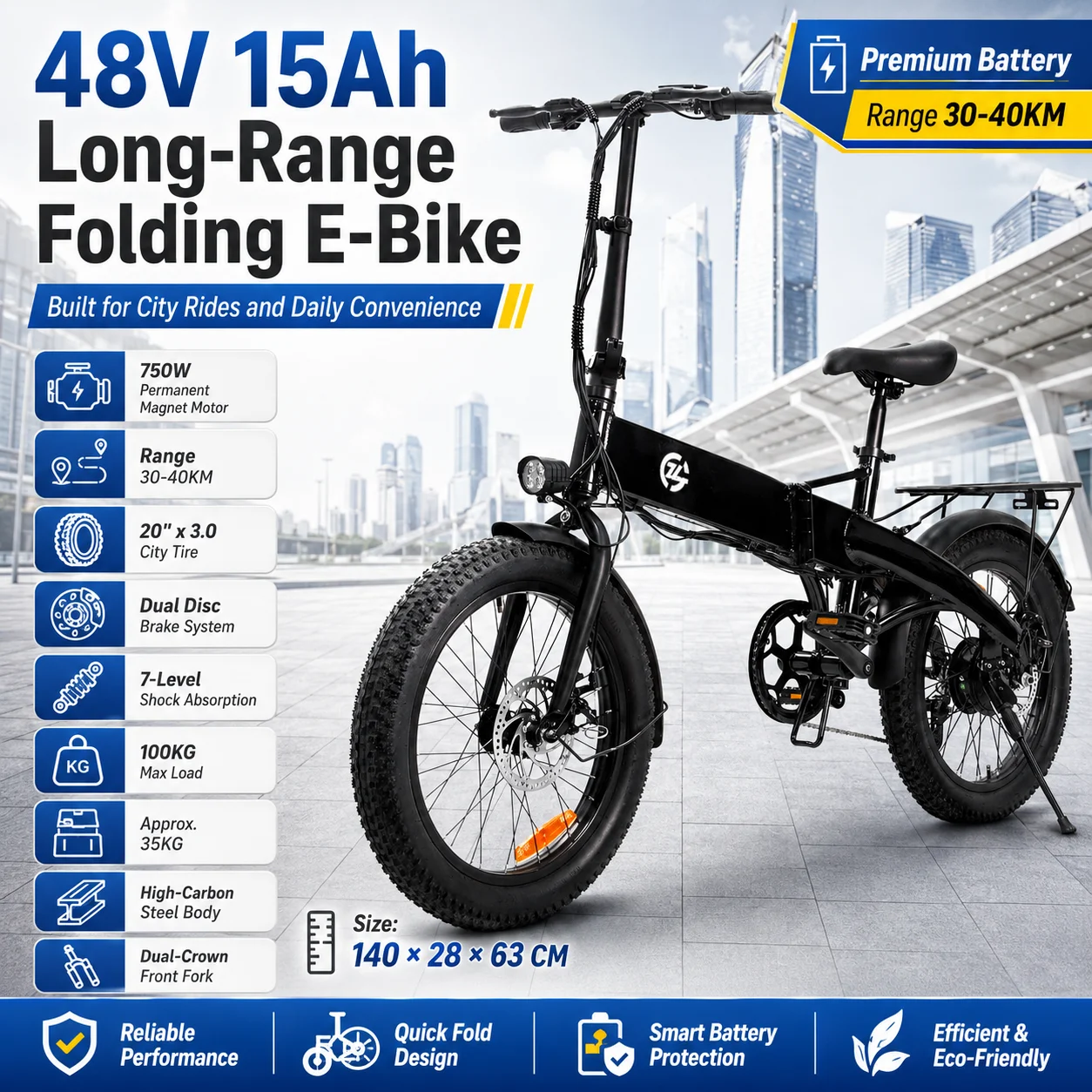 Powerful 750W Foldable Electric Bike 20 Inch Urban E-Bicycle 48V 15Ah Battery E-Bike Dual Disc Brakes 7-Level Shock Absorption image 1