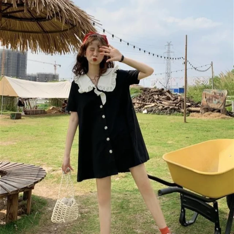 Sweet Contrast Patchwork Mini Dress Summer New Short Sleeve Solid Color Loose Button Elegant Dress Fashion Trend Women Clothing