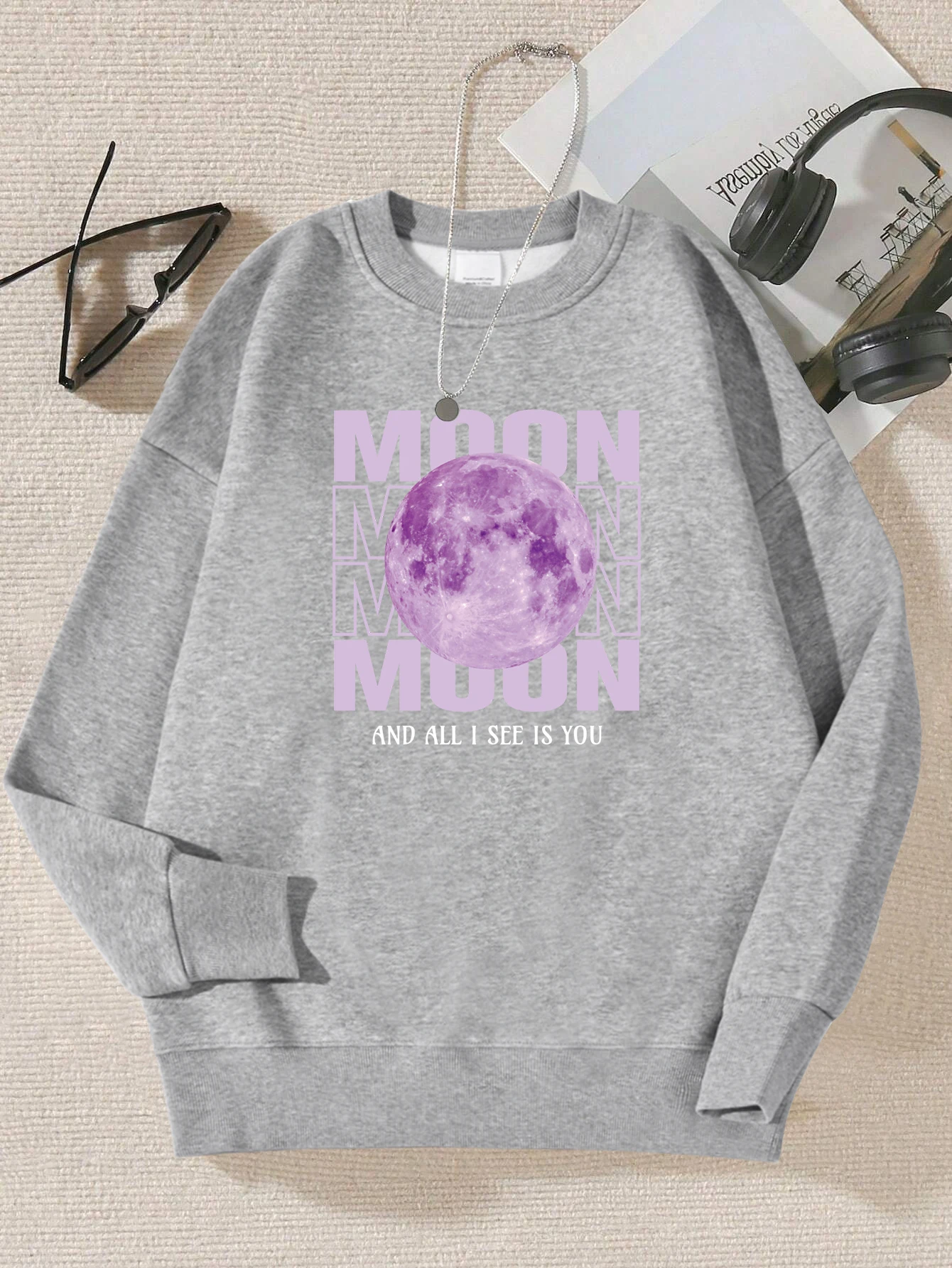 

Purple Moon Creative Print Sweatshirt Women Autumn Fur-Liner Streetwear S-Xxl Crewneck Pullovers Y2K Style Clothing Woman
