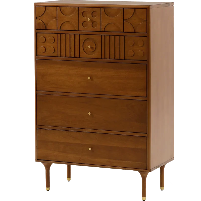 Nordic retro style solid wood carving flower five drawers living room bedroom antique boxwood storage