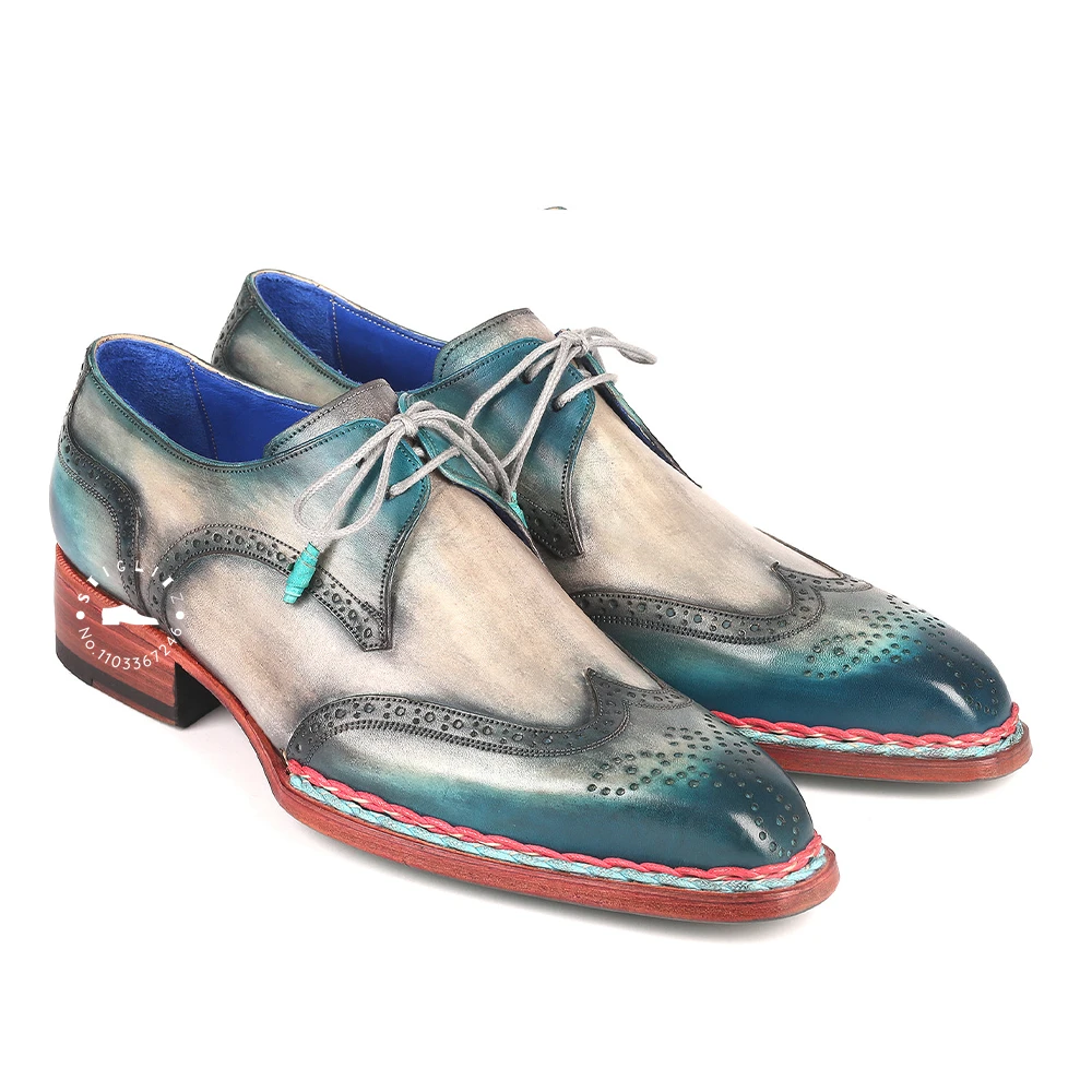 Retro Multi Color Derby Shoes Designer Polished Leather Hand Painted Lace Up Shoes Luxury Handmade Elegant Brogue Shoes for Men