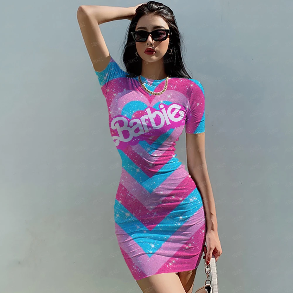 Y2K Kawaii Barbie Printed Dress Anime Cartoon Fashion Sexy Tight Skirt Cute Girl Knee Length Dress Outdoor Party Hip hugging Dre