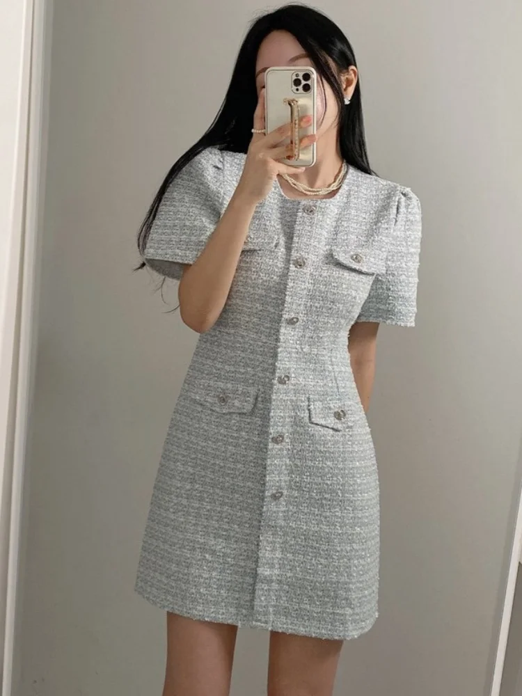 

SMTHMA Retro High-End Tweed Metal Buckle Puff Short Sleeves Dress Women's O-Neck Slim Grid Woolen Dresses