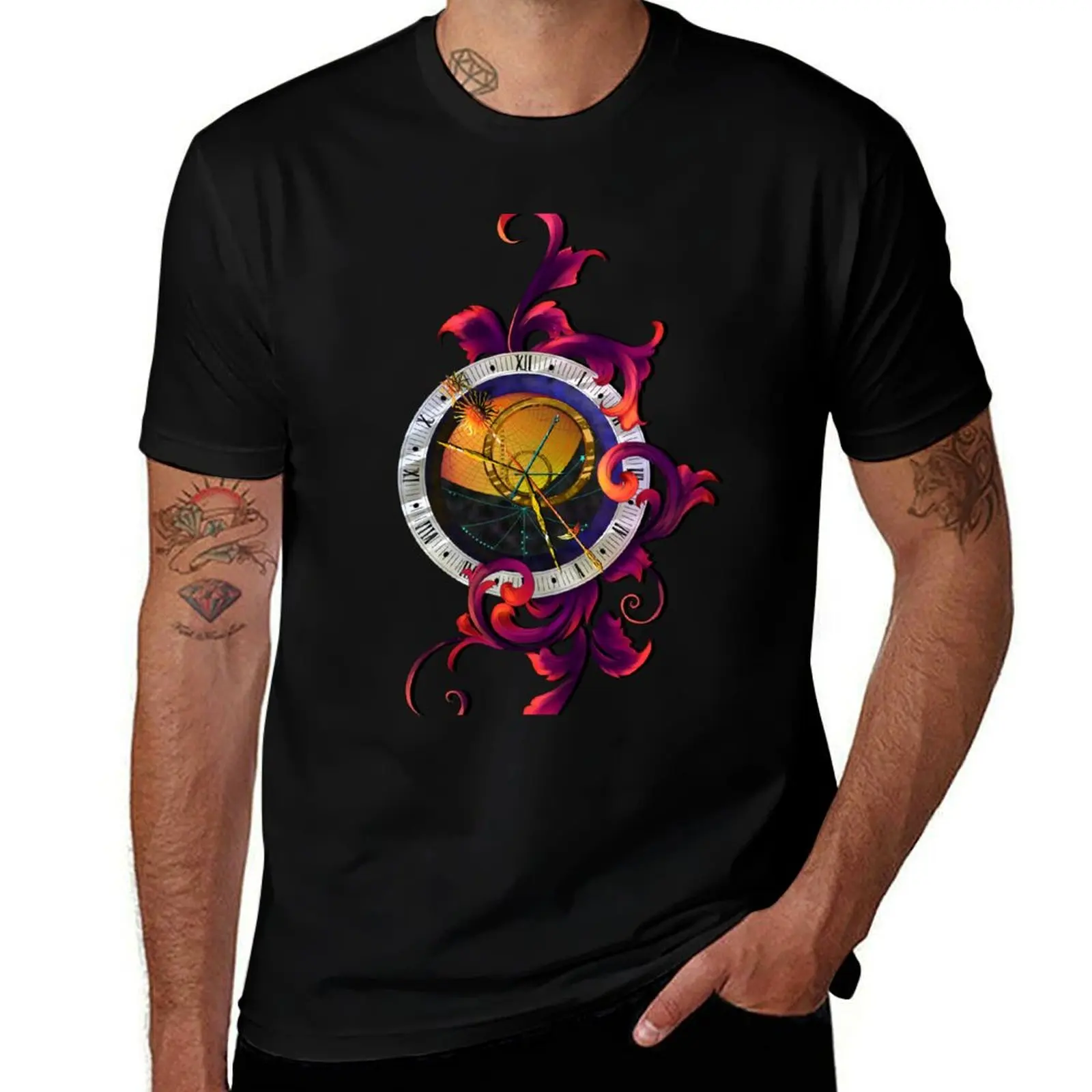 Astronomical Clock Filigree Design T-Shirt Soft Stretch Short Sleeve Top T-Shirt