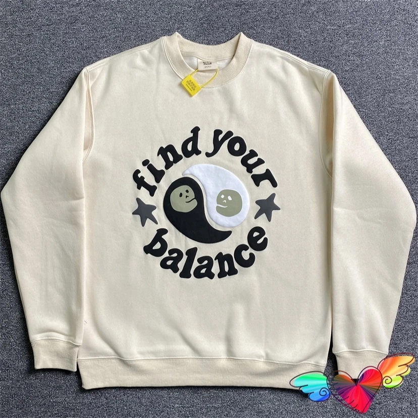 

Fleece Broken Planet Market Find Your Balance Sweatshirts Men Women Puff Print Broken Planet Hoodie Beige Crewneck Pullovers