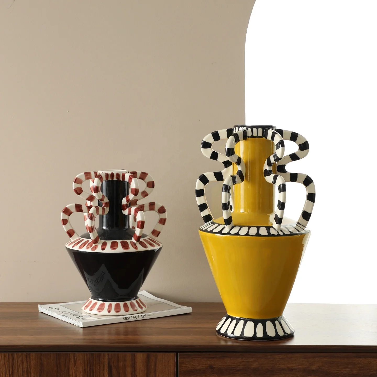 Bold Color Block Hand Painted Striped Decorative Urns Twisted Loop Handle Ceramic Vase For Maximalist Home Decor