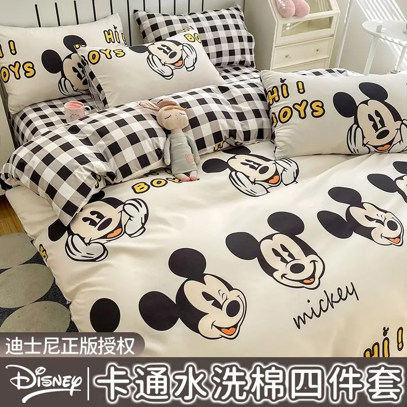 New cartoon cute Mickey Lotso Stitch printed washed cotton bed four-piece set Disney student dormitory cartoon sheet quilt cover