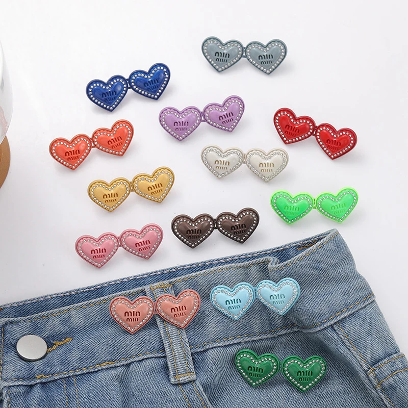 2Pcs Cute Heart Shaped Adjustable Jean Button Waist Buckle Snap Pants Buckle Extender Replacement Jeans Button Attacher Pins