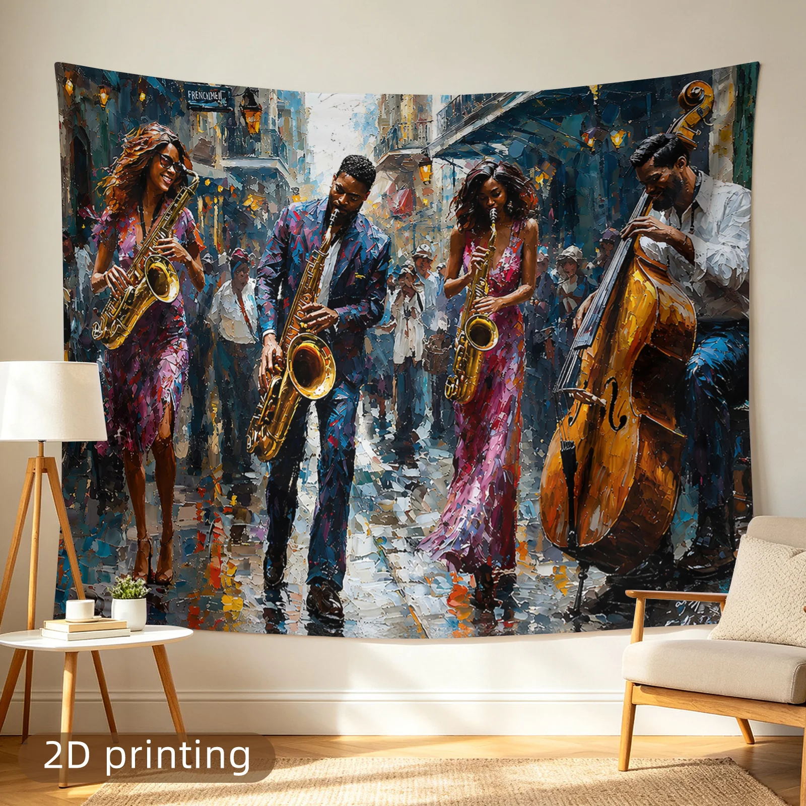 Jazz Band Tapestry, Saxophone & Double Bass Music Wall Hanging, Abstract Street Performance Art, Colorful Boho Dorm Decor Living