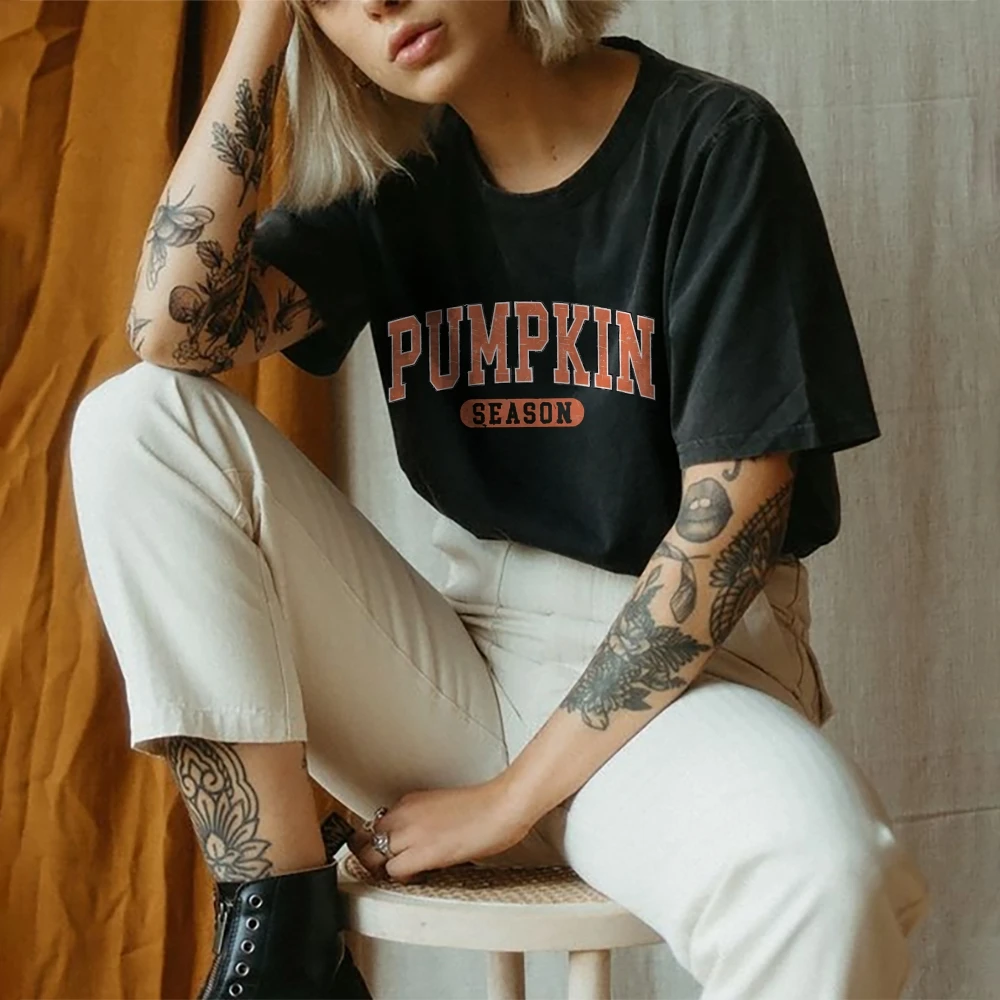 Women's Pumpkin Letter Graphic Short Sleeve T-Shirt, Casual Tee Outfit, Pure Cotton, High Quality, Trendy, Summer
