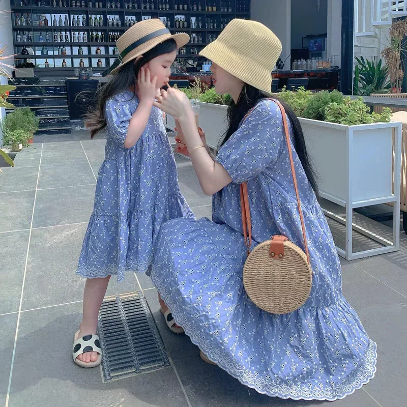 

Same Mom and Daughter Summer Dresses Equal Mother and Baby Girl Blue Short Sleeve Resort Dress Vacation Look for Women Clothing