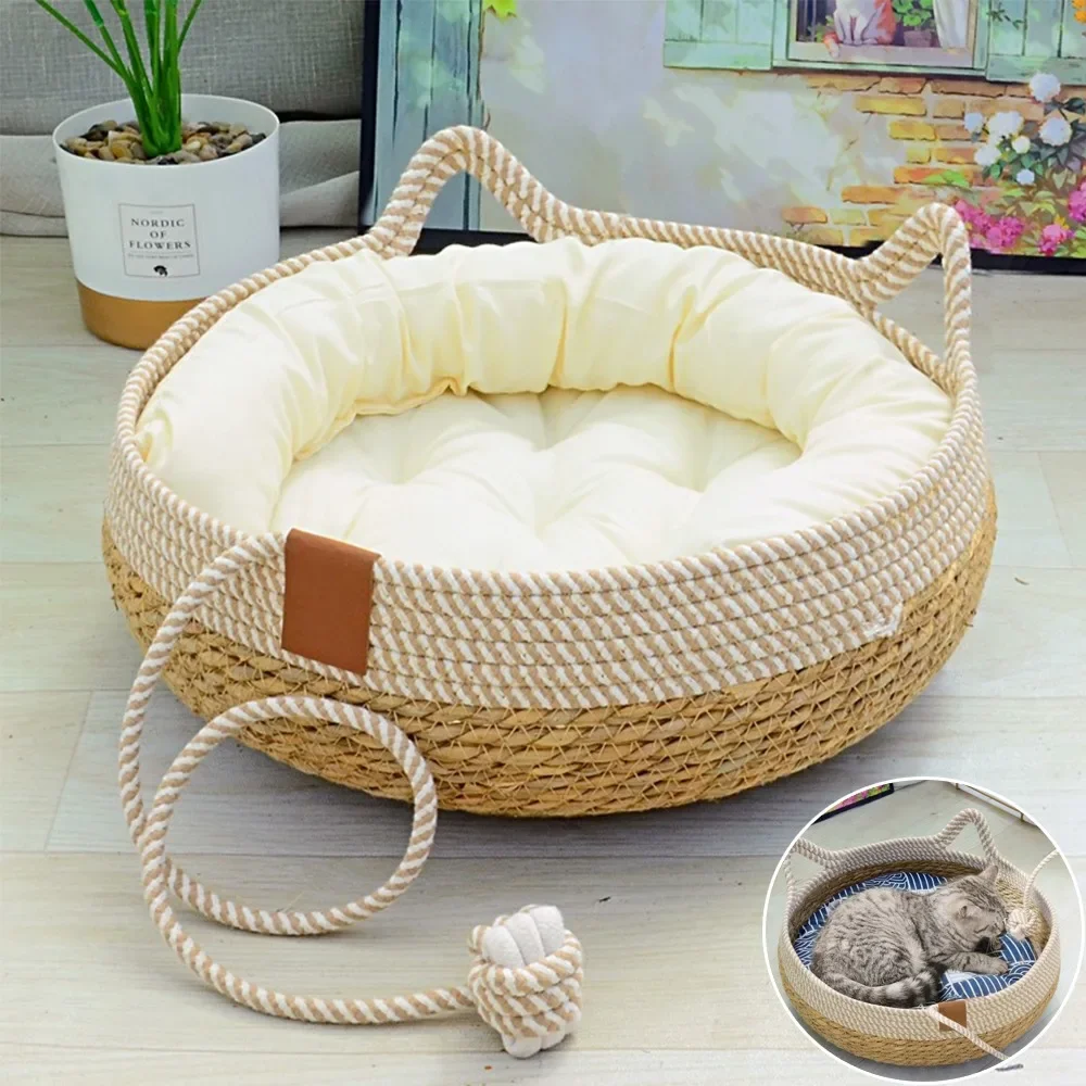 Vine Woven Cat Bed Pet Bed All-weather Comfortable Sleep Bed Circular Cat House Rattan Wear-resistant Washable Cat Pet Supplies