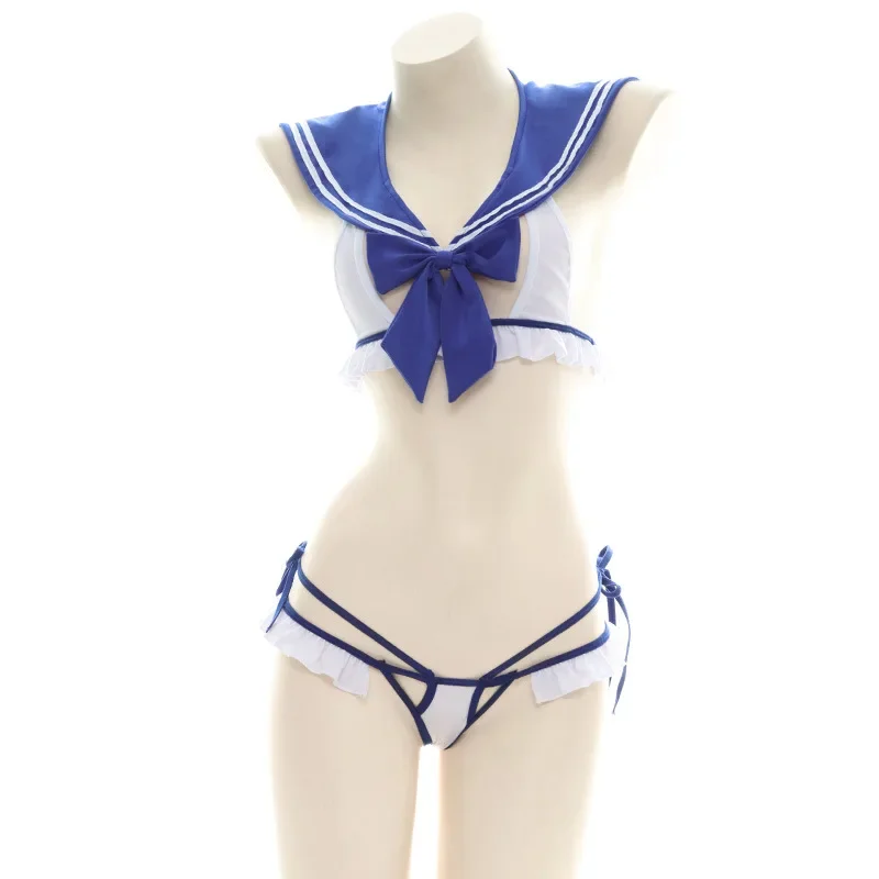 Bow Sailor Suit Role Play Sexy Bikin Swimsuit School Student Swimwear Uniform Temptation Lingerie