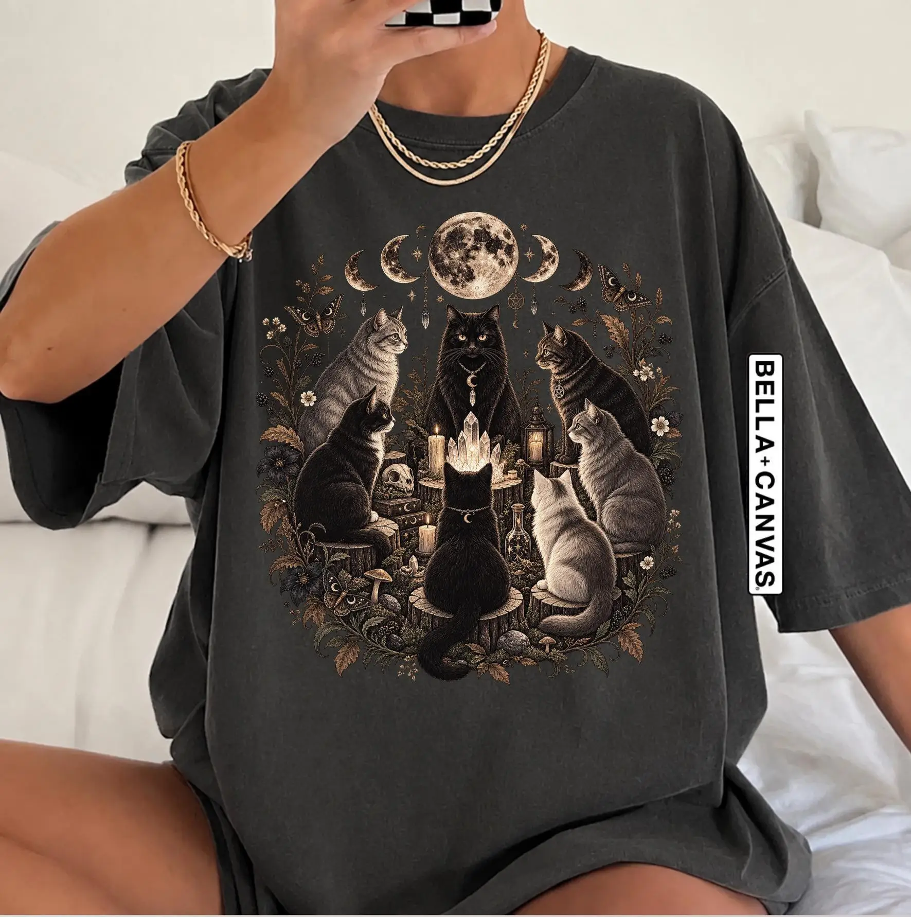 Cat Coven T-Shirt, Mystical Black Cat Tee, Witchy Moon Phase  Halloween Black Cat Shirt