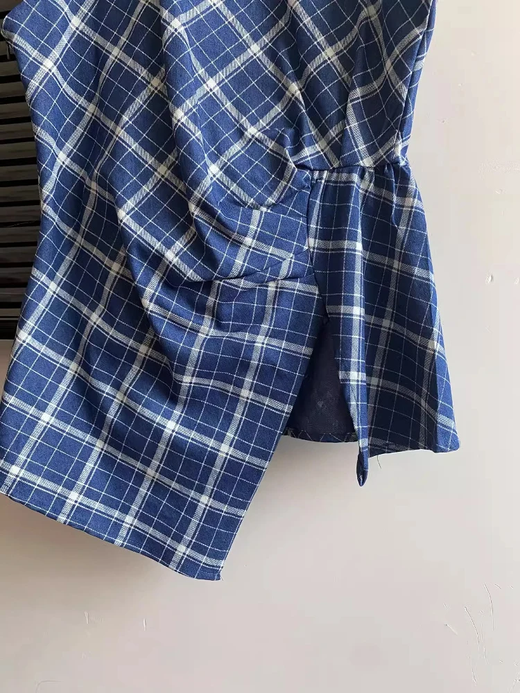 Chaleco Asimétrico con Tirantes a Cuadros Azules para Mujer, Nuevo, Único, Hermoso, Ajustado a la Cintura, Top Elegante